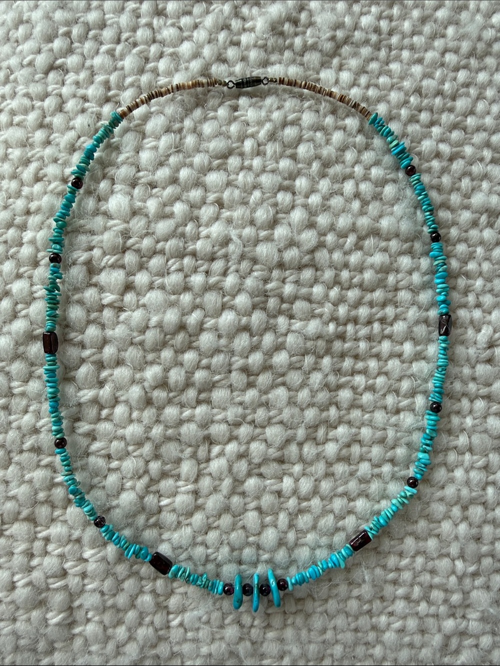 Turquoise and Garnet Beaded Necklace - Lightweight Women’s Jewelry 21 inches